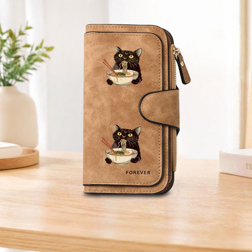 Black Cat Eating Ramen Long Zipper Wallet, Large Capacity Card Holder, Unisex Clutch Bag, Fashionable Zipper Coin Purse, Suitable for Daily Use, A