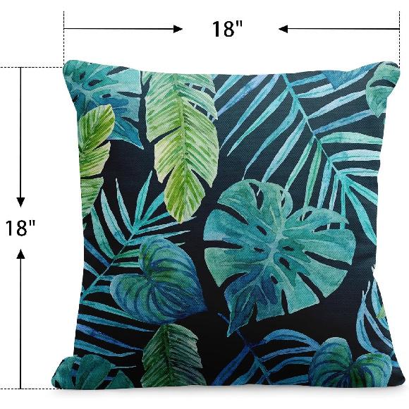 Greenery Tropical Plants Outdoor Waterproof Throw Pillow Covers 18 x 18 Inch Set of 2, Palm Leaf Pillowcase Square Cushion Case, Farmhouse Garden