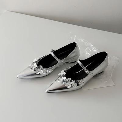 Sheepskin Version~ Pointed Silver Sequined Flower Mary Jane Women's Shoes One-word Buckle with Light Mouth French Inner Height Increase Single Shoes