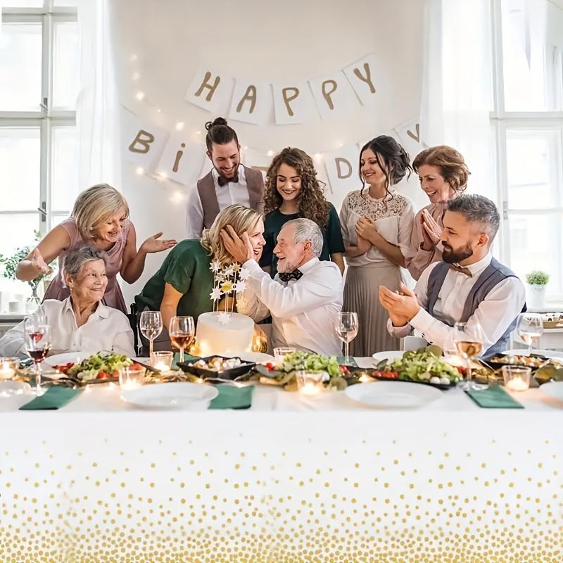 6pcs Premium Disposable Tablecloths, White with Golden Dots, & Leak-Proof, 54 X 108 Inches, Rectangular Plastic Table Covers for Parties, Weddings