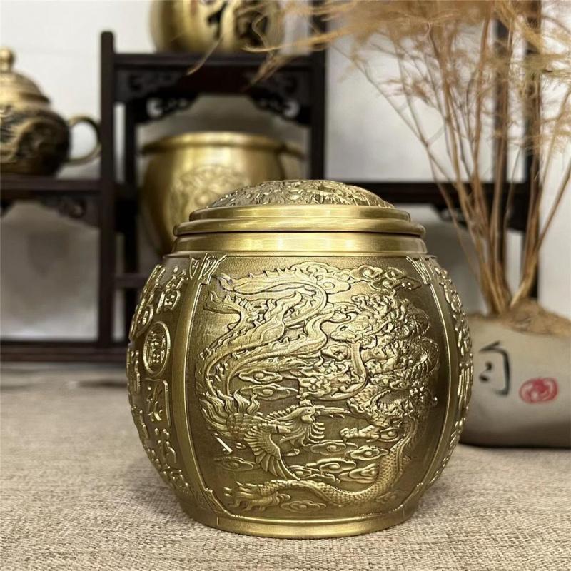 Brass Dragon and Phoenix Hundred Blessings Tea Canister with Lid Brass Golden Dragon Tea Jar Metal High-end Moisture-proof Insec