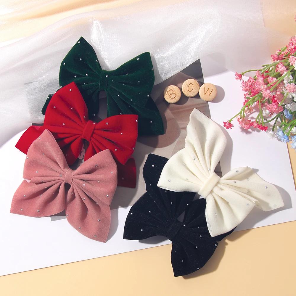Alloy Safe Hair Accessory Kids Gift 2PCS Set Girl Favorite Cute Bow Hair Clip Diamond Embellished Velvet Solid Color Bow