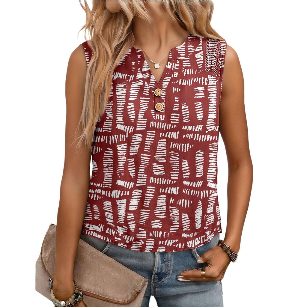 Women's Casual, Loose-Fitting, Printed, Sleeveless Linen Blouse