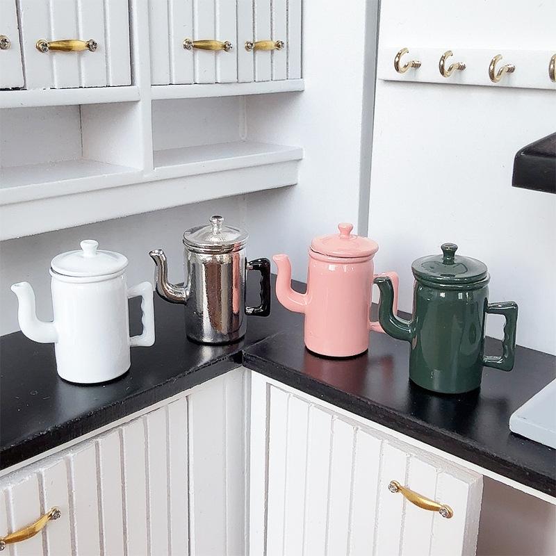 1:12 Cute Dollhouse Miniatures Kettle With Lid Models Kitchen Accessories For Doll House Decor Kids Pretend Play Toys DIY Gifts