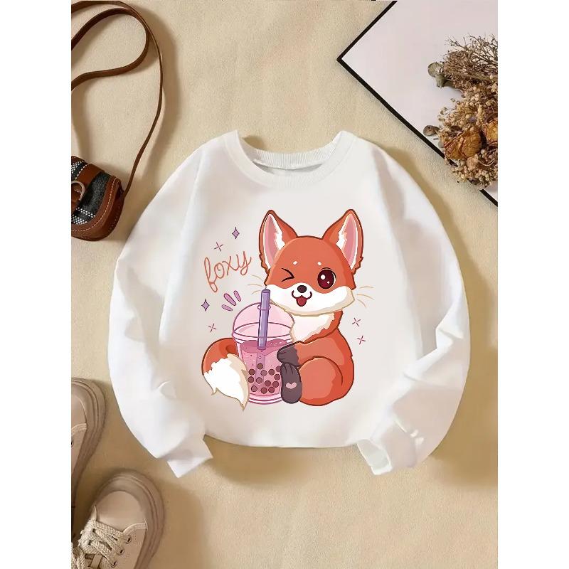European Size A Stylish Sweatshirt for s Featuring a Cartoon Little Fox Drinking Bubble Tea, Perfect for Casual Everyday Wear, Soft And Comfortable