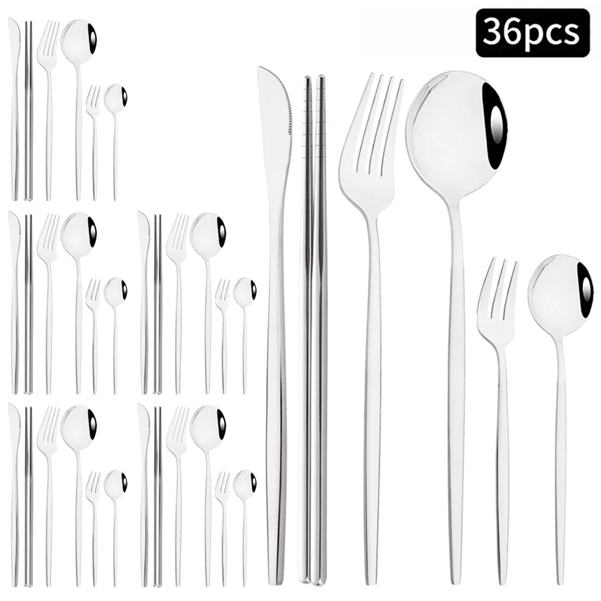 

Набор столовых приборов из черного и золотого цвета, 36 шт., Нож, Вилка, Ложка, Палочки для еды, Набор посуды, Нержавеющая сталь, Десертные вилки, Чайные ложки, Столовая посуда, Столовые приборы серебряный