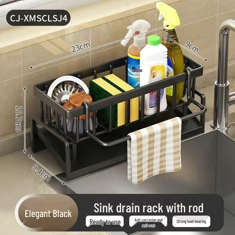 Kitchen Sink Storage Rack: Detergent, Sponge, Wipes, Steel Wire Ball, Drain.