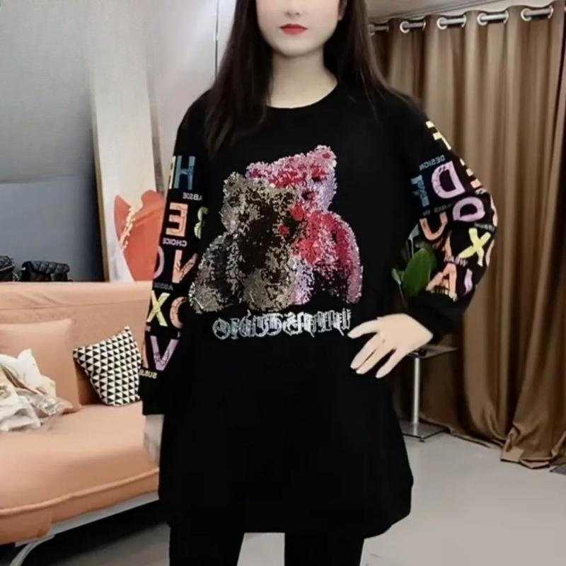 Autumn and Winter Plus Velvet Thickened Fashion Loose Sweater Diamond Bear Round Neck Top Women