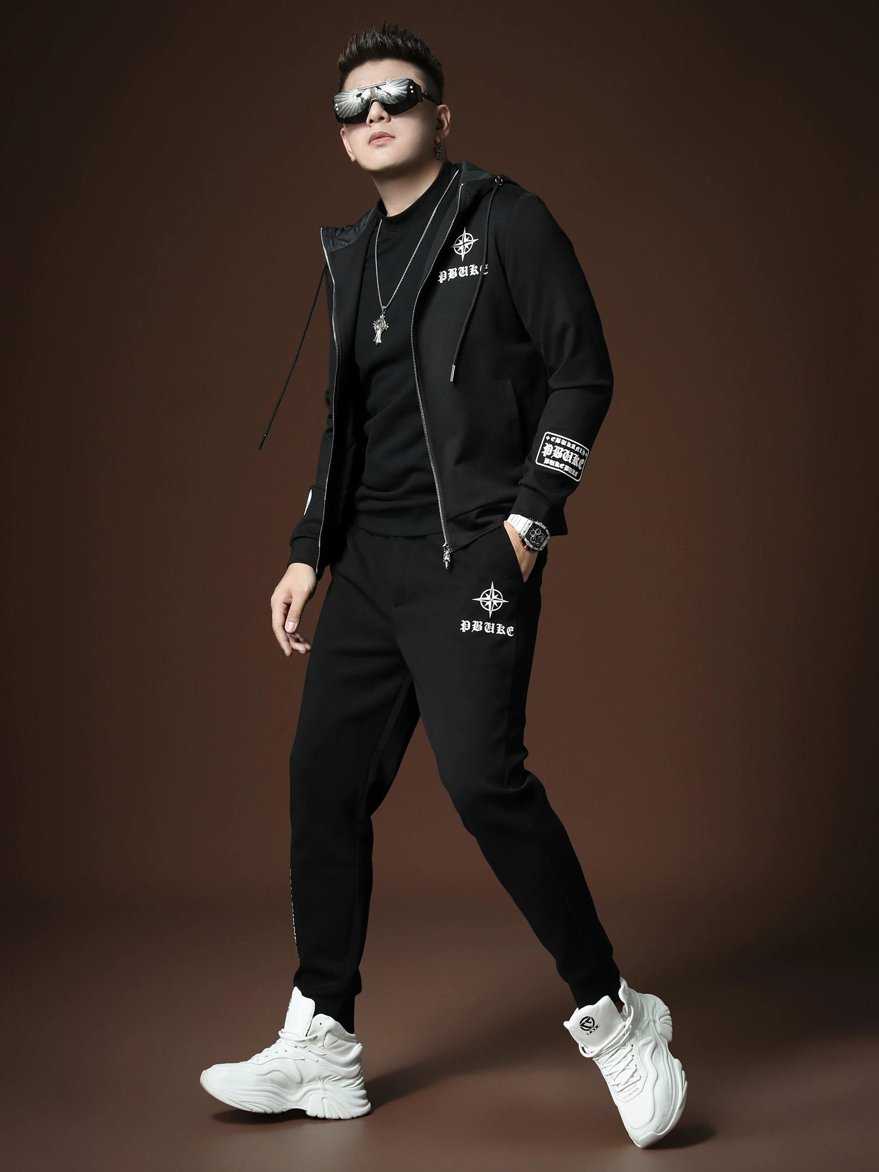 Ozhouzhan High end Hoodie Casual Pants Set Men s Fashion Brand Print 2025 Autumn New Men s Two-piece Set 4XL чёрный