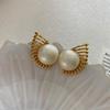 Geometry Sector Round Imitation Pearl Stud Earring for Women Korean Sweet Ear Wedding Party Jewelry