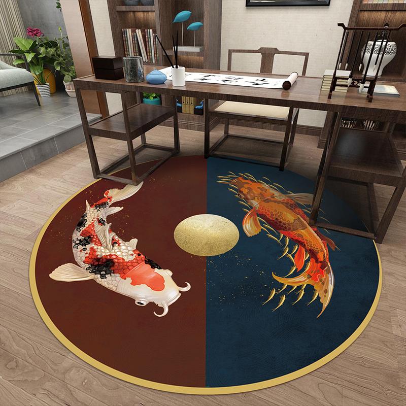 Chiness Style Round Carpet for Living Room Geometric Wave Print Floor Mat for Bedroom Kids Room Computer Chair Parlor Area Rugs