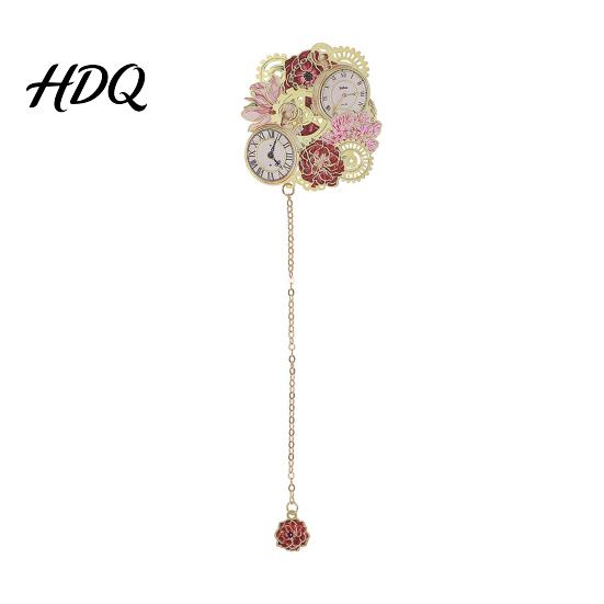 Aesthetic Bookmark Retro Flower Clock with Chain Metal Decorative Book Mark