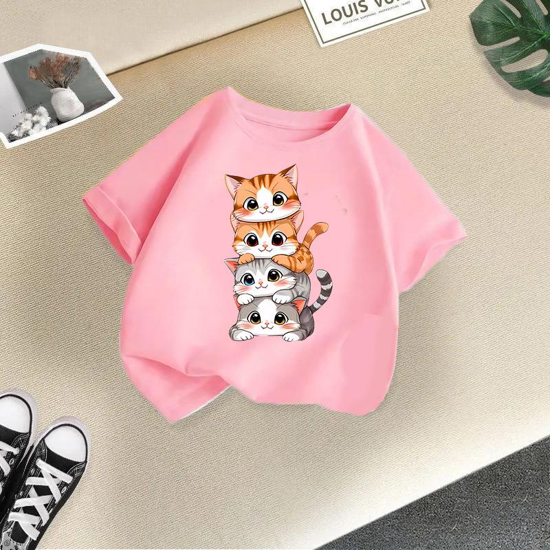 

2-13Y Children T-shirt Cat Printed Kids Clothes 100% Cotton T-shirt Tops Tee Boys Girls Baby Tee 2T(90cm)
