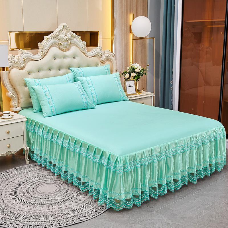 3pcs Embroidery Lace Skirt Style Fitted Sheet Set, All Seasons Universal Elastic Non-slip Bedding Set, Skin-friendly Soft Comfortable Fitted Sheet Set