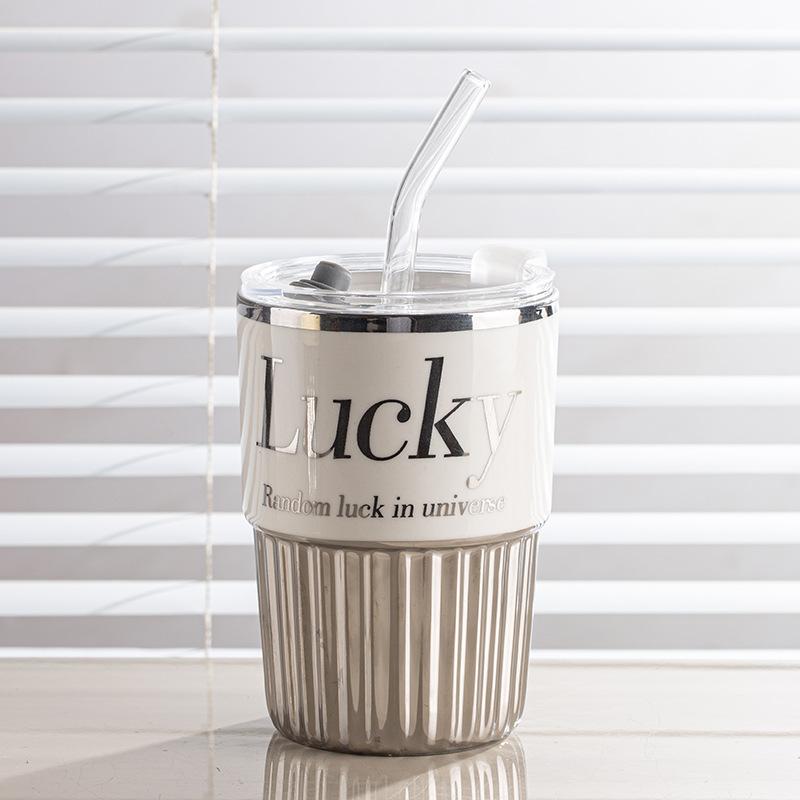 

Ceramic Straw Cup Coffee Cup High End Exquisite Boy and Girl High Looking Couple Office Mug Souvenir 301-400ml