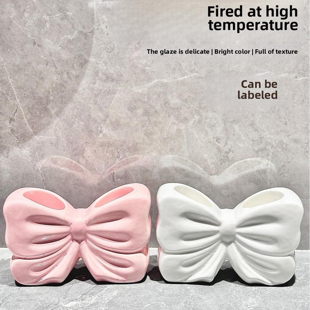 1pc Ceramic Bow Toothbrush Holder Ornament Ceramic Toothbrush Toothpaste Storage Rack Bathroom Accessories Brush Holder