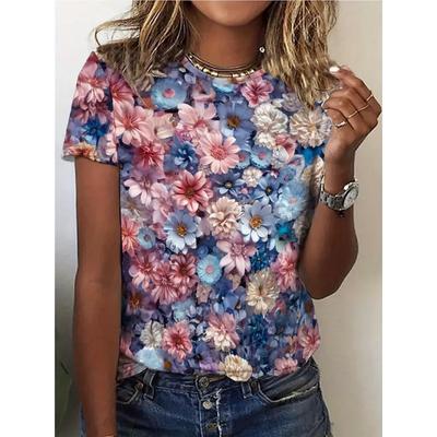 Summer Women's T Shirt Casual Short Sleeve Flower Print T-Shirt Fashion Street Loose O-Neck Pullover Clothing Female Oversized