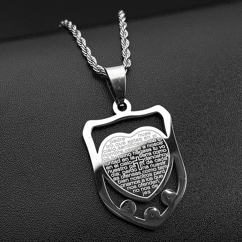 Heart Shaped Spanish Lord s Prayer Bible Jesus Cross Pendant Necklace for Women Men Shield Stainless Steel Christian Jewelry