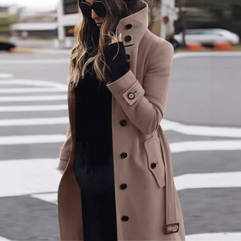 Solid Color Button Long Wool Coat Autumn Warm Stand Collar Women Coat Fashion Ladies High Neck Pocket Belt Trench Coat