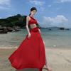 French white hollow slanted shoulder sleeveless dress women's summer high sense seaside vacation temperament slim long skirt