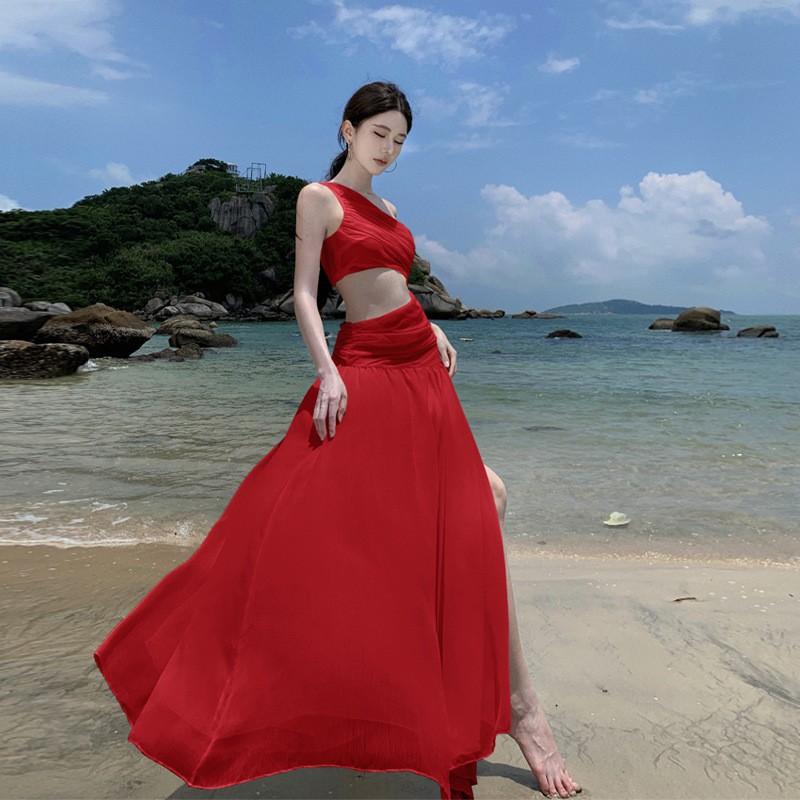French white hollow slanted shoulder sleeveless dress women's summer high sense seaside vacation temperament slim long skirt