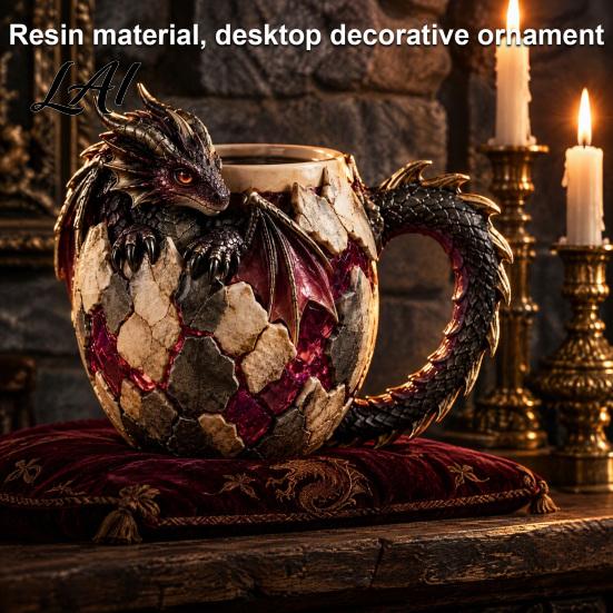 Tabletop Display Ornament Fantasy Dragon Egg Mug Stainless Steel Liner 3D Relief Baby Theme Party Props Coffee Cup Realistic Resin Desktop for Home