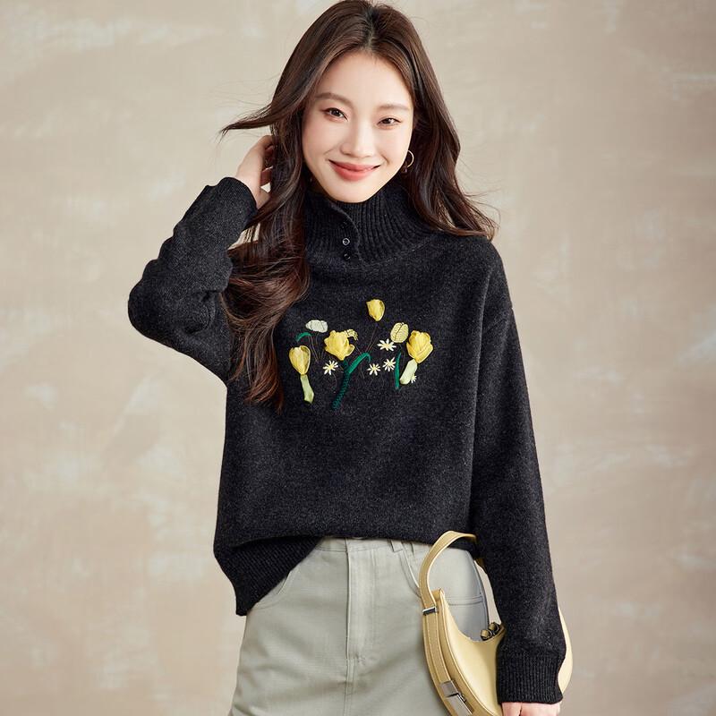 Women's 100% Wool Embroidered High-Neck Sweater