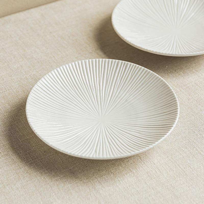 Solid Color Relief Striped Plate, Simple High-Footed Plate, Ceramic Plate, Household Vegetable Plate, Restaurant, Round Plate, Dinner Plate