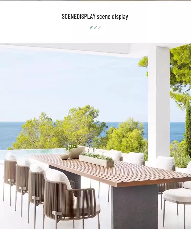 Outdoor Rattan Dining Set: Long Table with Casual Woven Chairs for Garden, Terrace, or Courtyard.