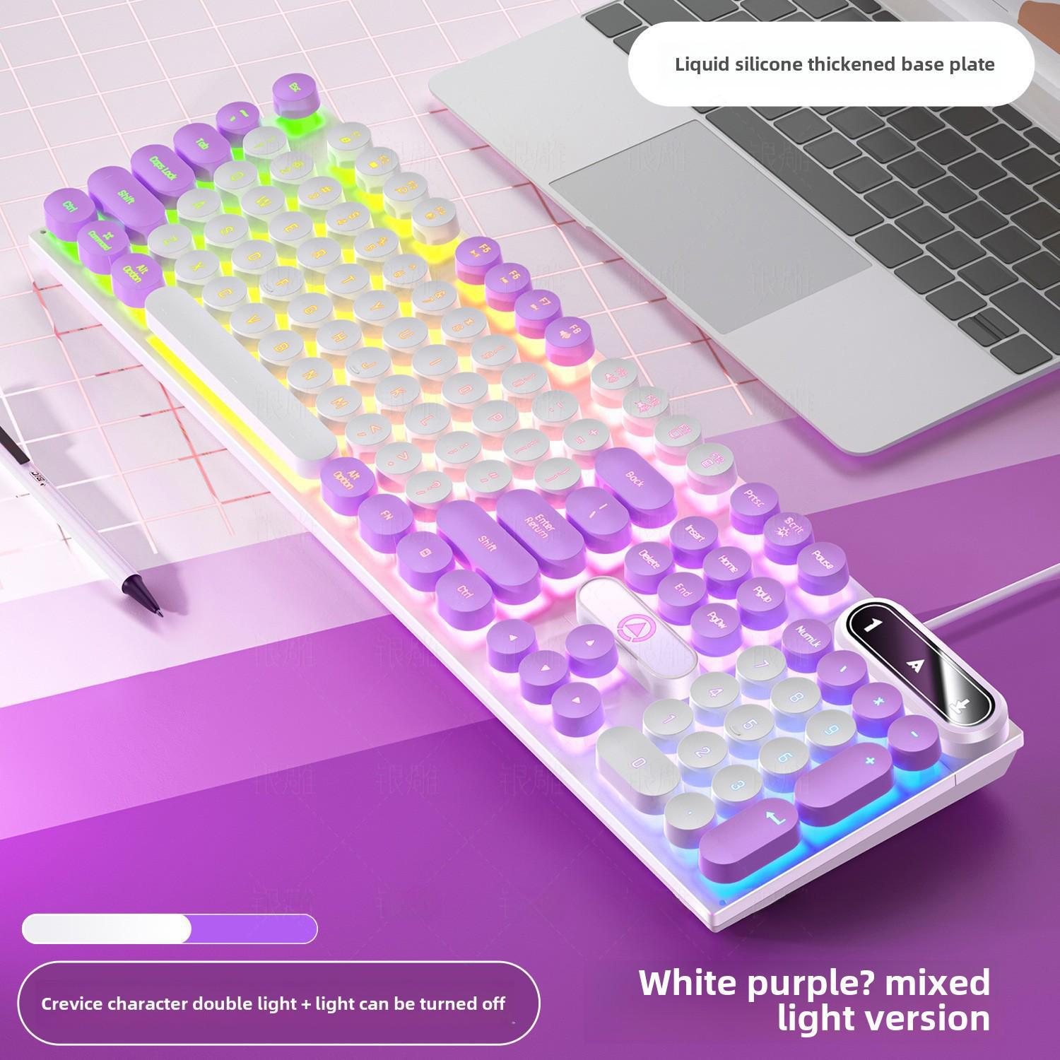 

Проводная игровая клавиатура K600 с серебристой резьбой и колпачками в стиле панк Mixed light punk version фиолетовый/белый