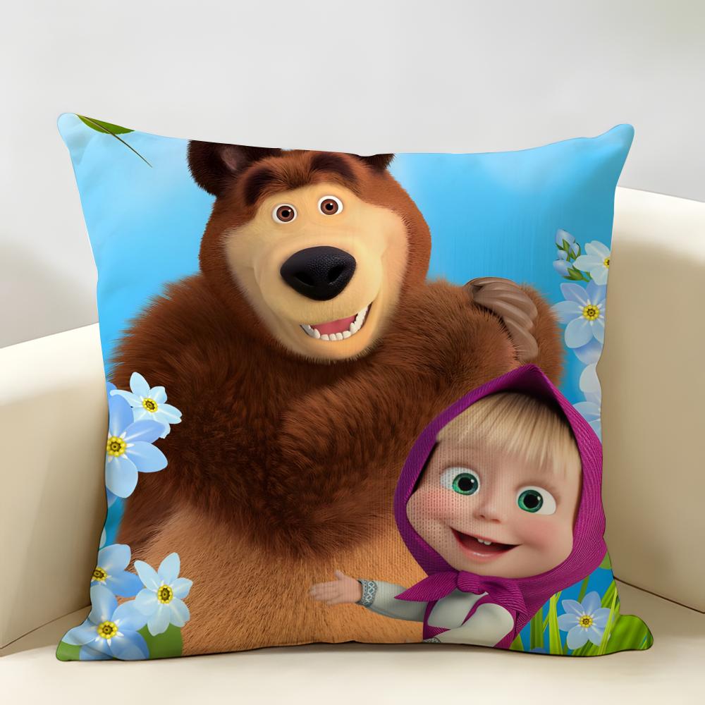 MMasha And BBear Cushion Cover Natural Linen Organic Fabric DoubleSided Printing Room Sofa Decor Pillow Case