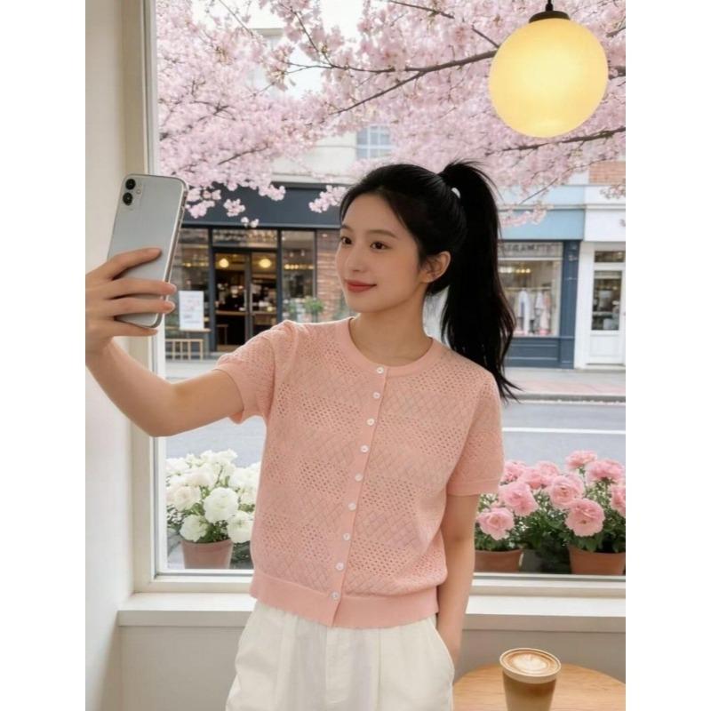 Summer Single-button Knitted Short-sleeved Cardigan for Women, Loose-fitting and Slimming, Unique Small Top
