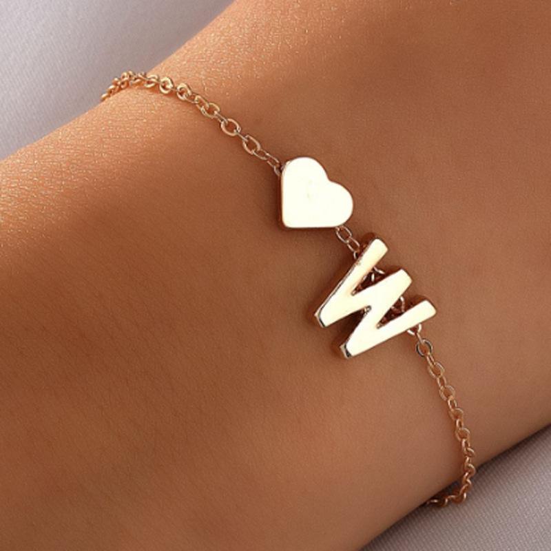 Gold Plated Initial & Heart Charm Bracelet, Customizable Letter Chain Bracelet for Women
