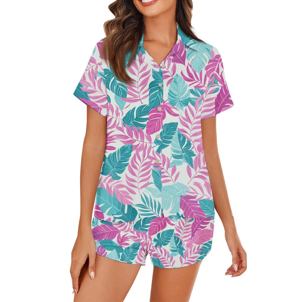 Women's Ice Silk Pajamas Button Homewear Hawaiian Print Short Sleeve Satin Pajama Set