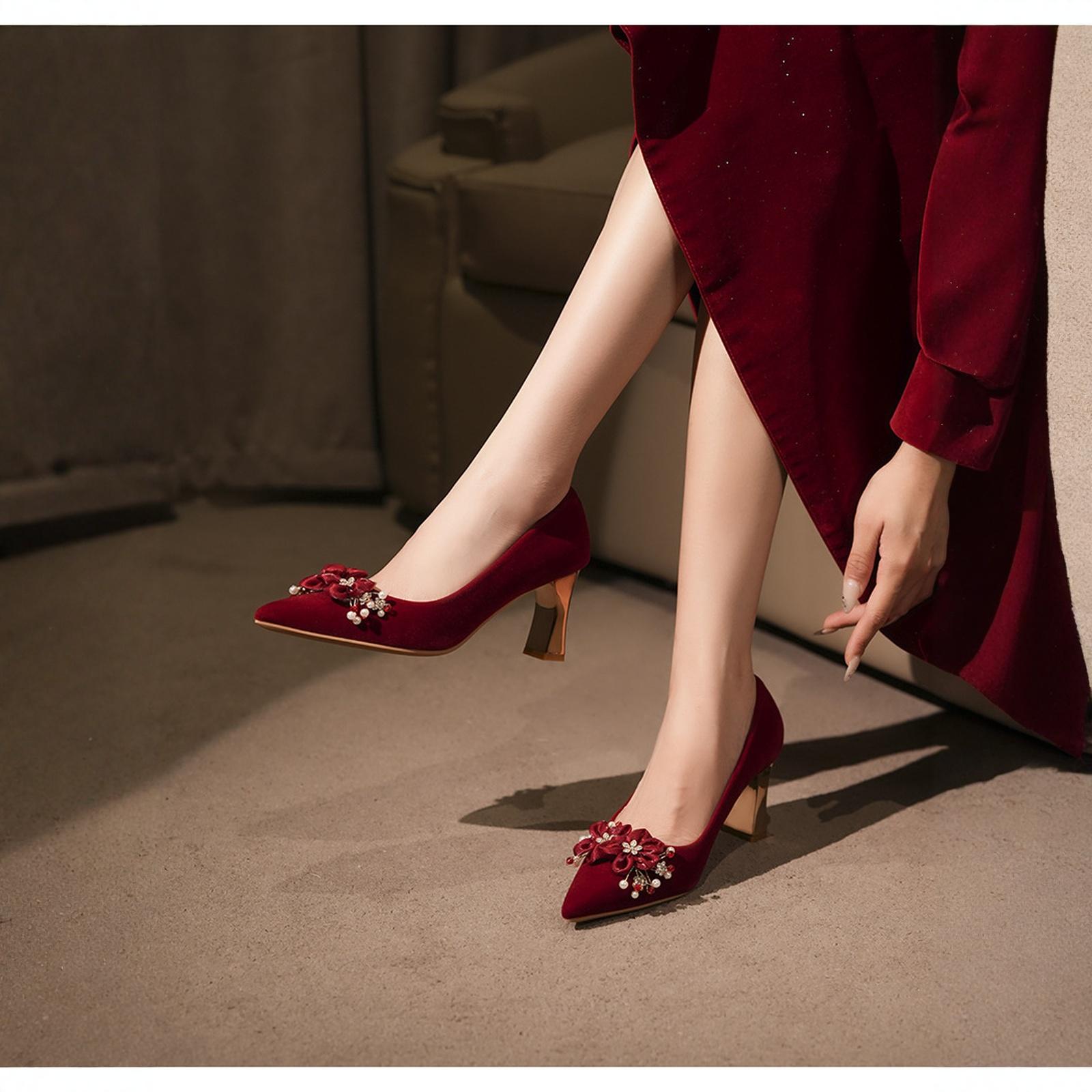 Women s Fall Pearl Bridal Shoes 5.5cm Stiletto Xiuhe Pumps 38
