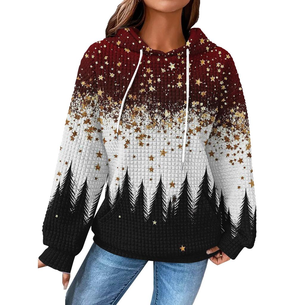 Dammode Lös Pullover med Huva Långärmad Rutig Sweatshirt med Dragsko, Nedhasad Axel, Ficka, Jultryck Topp