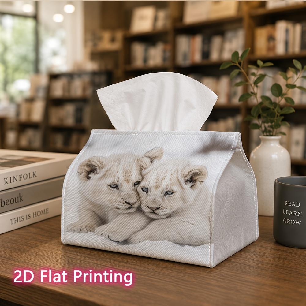 1pc, 2D Flat Printing, Tissue Box with White Lion Cub Pattern In The Snow, Suitable for Home, Kitchen, And Car Decoration, Tissue Dispenser, Ideal for