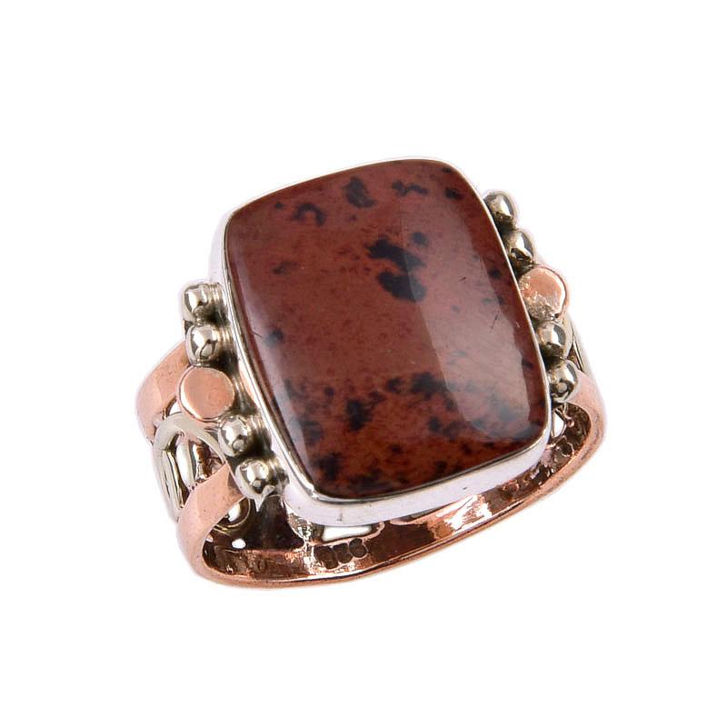 Natural Mahogany Obsidian Gemstone 925 Sterling Silver Two Tone Ring Size 9 V2s09