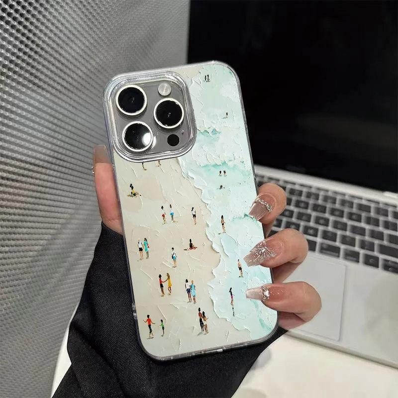 

Trendy Summer Simple Oil Painting Beach Crowd High-end Phone Case For iPhone16 15 14Pro Max 13 12 11XS XR 78Plus Anti Fall Cover For iPhone XR