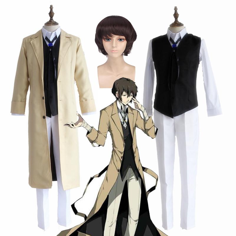 Anime Stray Bungo Dogs Osamu Dazai Cosplay Costume Coat Pants Neckwear Vest Wig