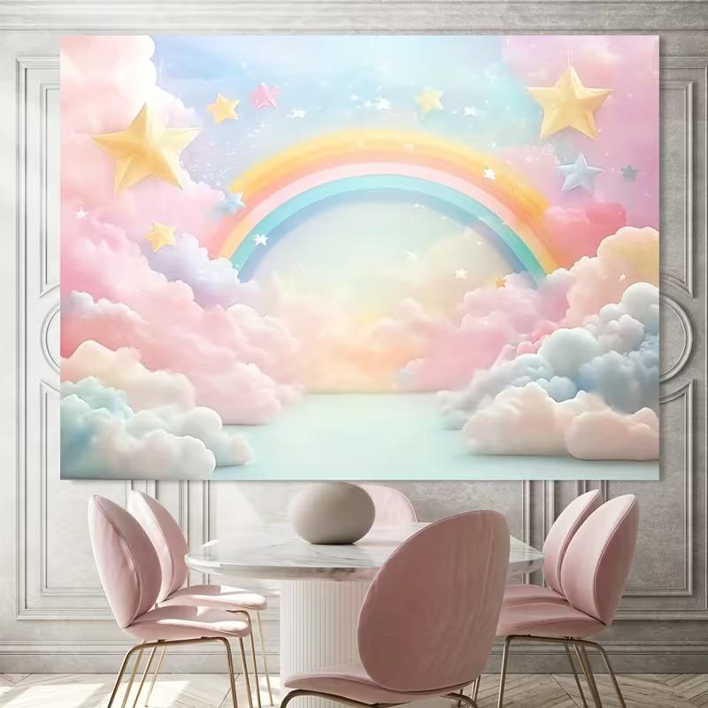 Sfondo Fotografico Nuvola Arcobaleno Pastello Stella 2D per Baby Shower Compleanno Bambini
