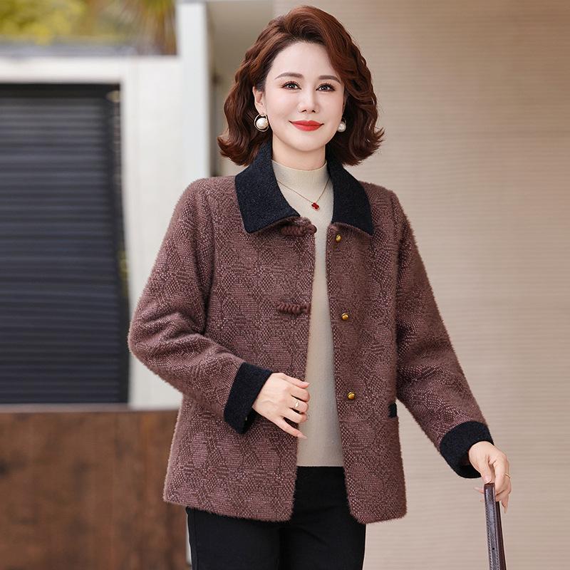 

Elegant Spring Woolen Outerwear for Middle-Aged and Elderly Women - New Chinese Style XL for 90-105 jin кавовий