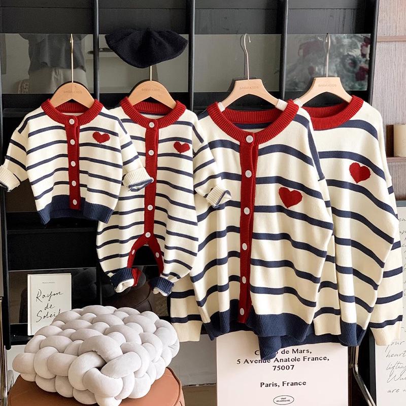 2025 Autumn/Winter Parent-Child Striped Knit Cardigan Sweater: Family of Three/Four Short Sleeve Outfit