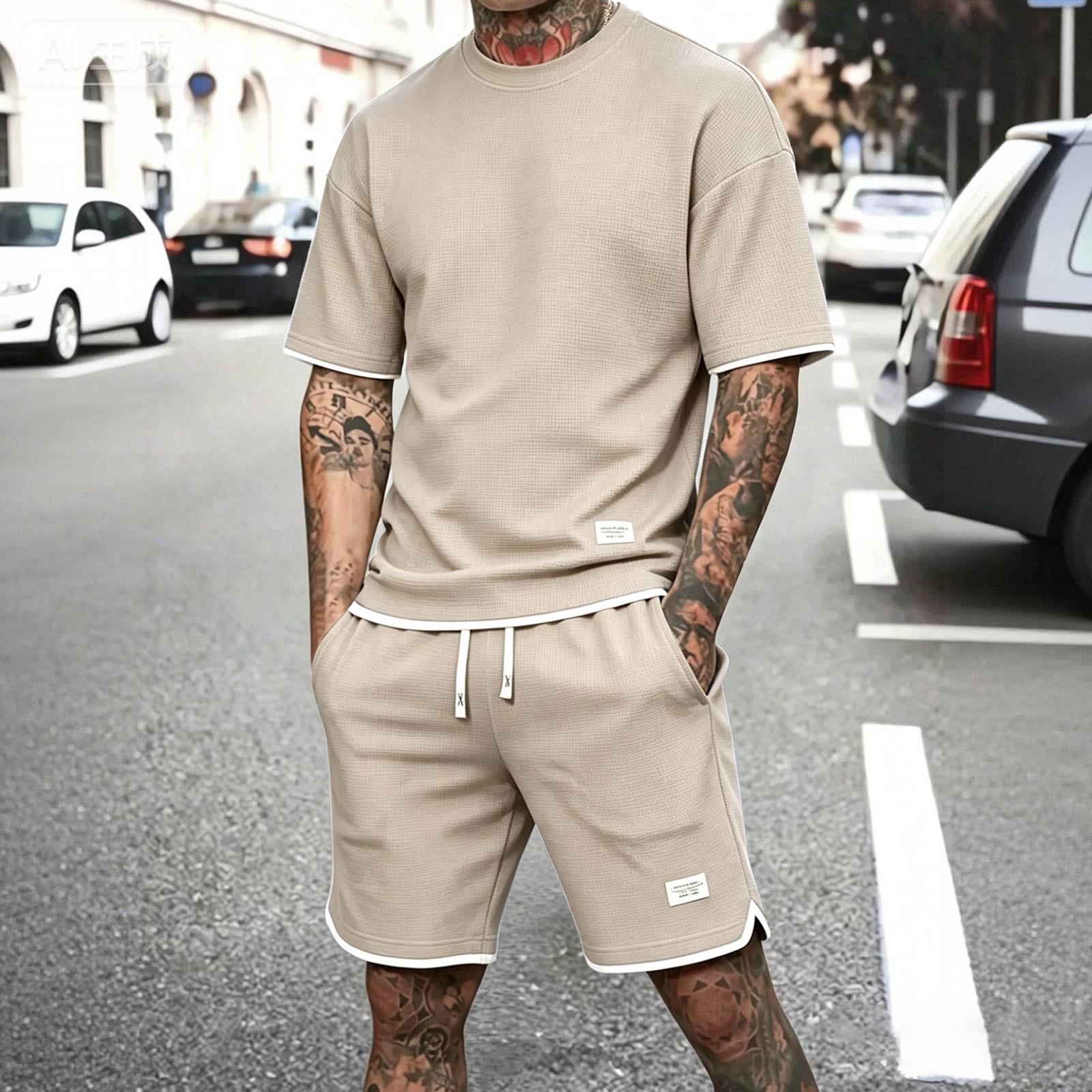 

Men s Summer Casual 2-Piece Outfit Round Neck Short Sleeve Tee Shorts Set L бежевый