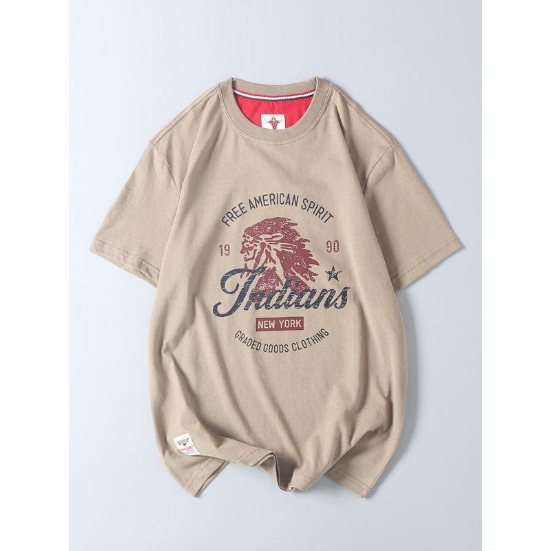 Export Surplus Cotton Brushed Indian Vintage Print Short-Sleeve T-Shirt Men's Trendy Brand Round Neck Base Shirt