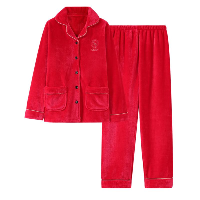 Autumn And Winter Wedding Pajamas Women'S Coral Fleece Fleece Thickened Winter Flannel Red Natal Year Bridal Suit