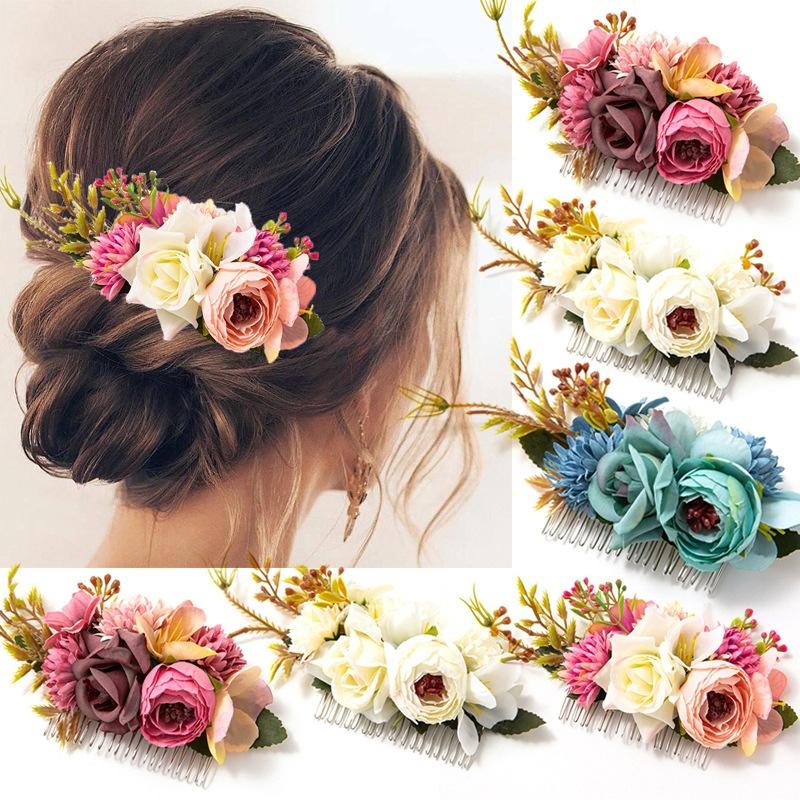 Bohemia Brides Wedding Flower Hair Comb Hairpin Bridesmaid Headdress Hair Combs Hair Accessories For Women Girls Floral Hairpins