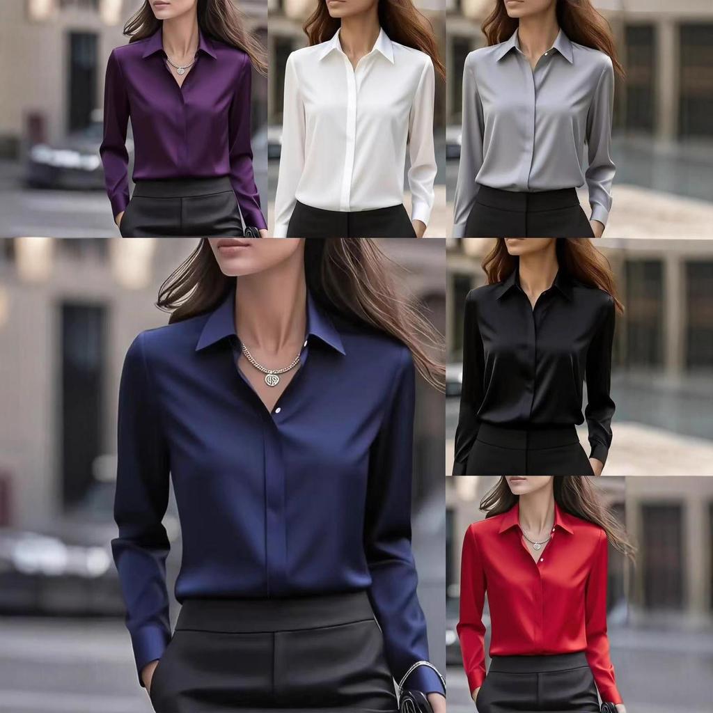 Women's 2025 Autumn Solid Color Satin Lapel Shirt - Long Sleeve, Versatile
