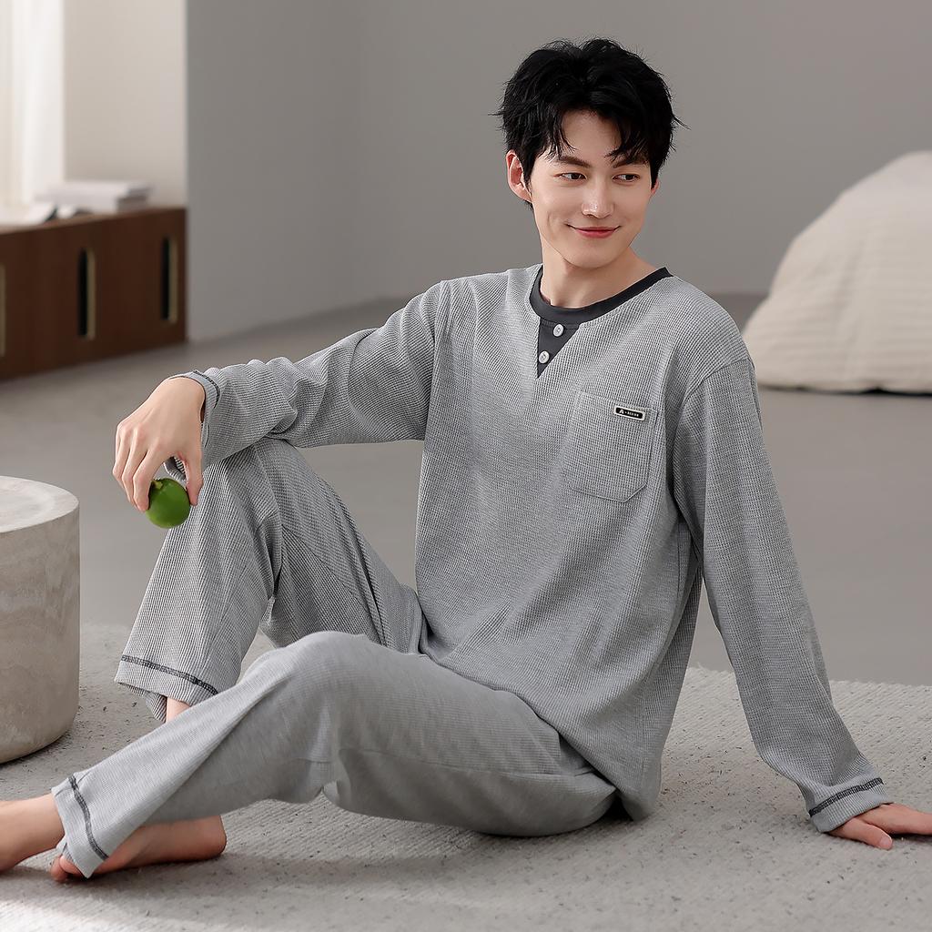 Pajamas Men'S Spring And Autumn Waffle Cotton Long Sleeve Autumn Cotton Large Size Casual Loungewear Set