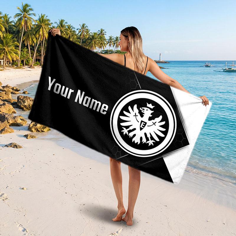 Asciugamano da Spiaggia Personalizzato Eintracht Frankfurt, Stampa Testo Nome Personalizzato, Asciugamano Morbido ad Asciugatura Rapida con Logo Calcio, Regalo per le Vacanze